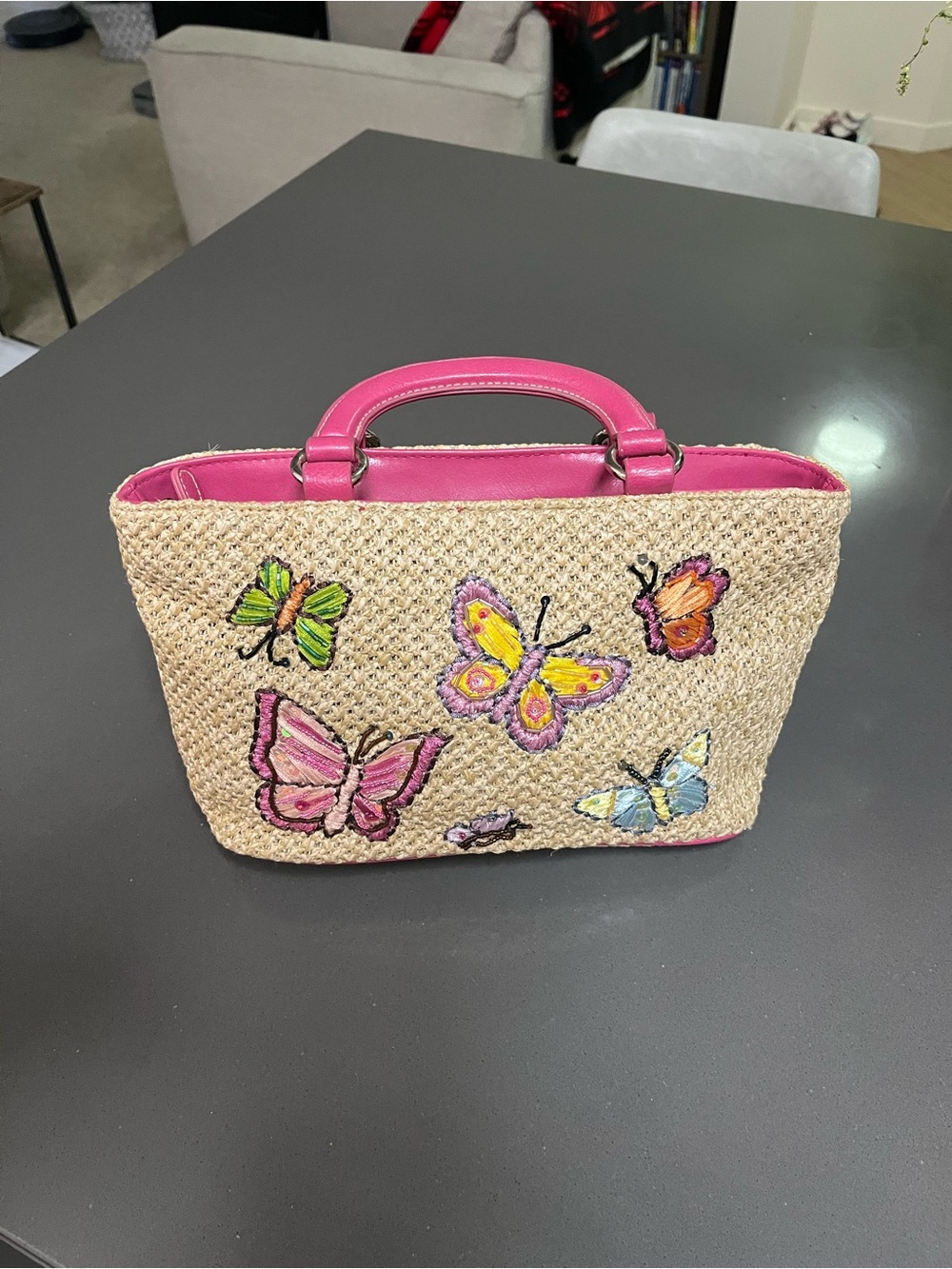 Woven Y2K Butterfly Fairy Embroidered Straw Tote with Pink Trim